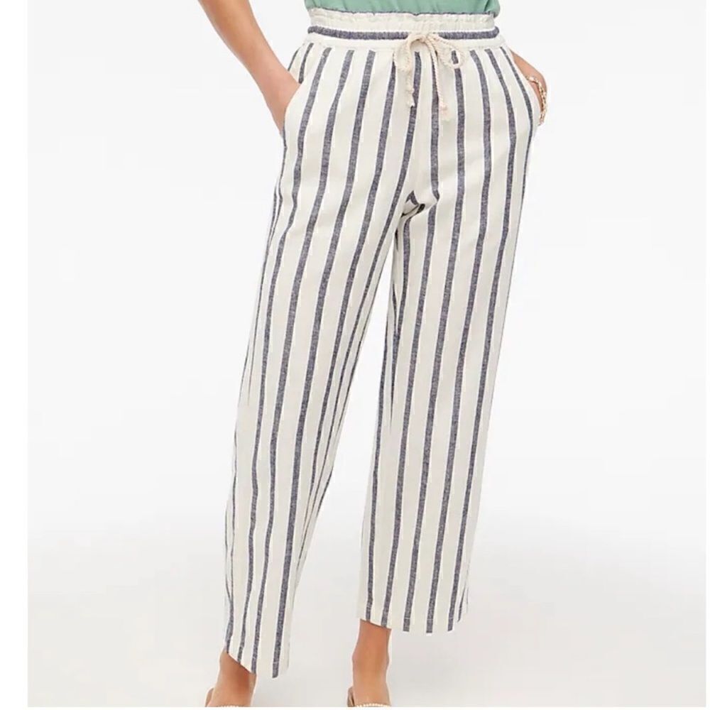 J.Crew Linen Blend Striped Drawstring Waist Wide Leg Cropped Pant | SZ S